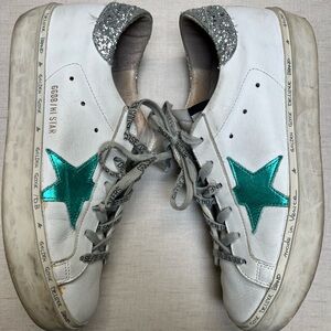 Golden Goose White Sneakers with Green Star